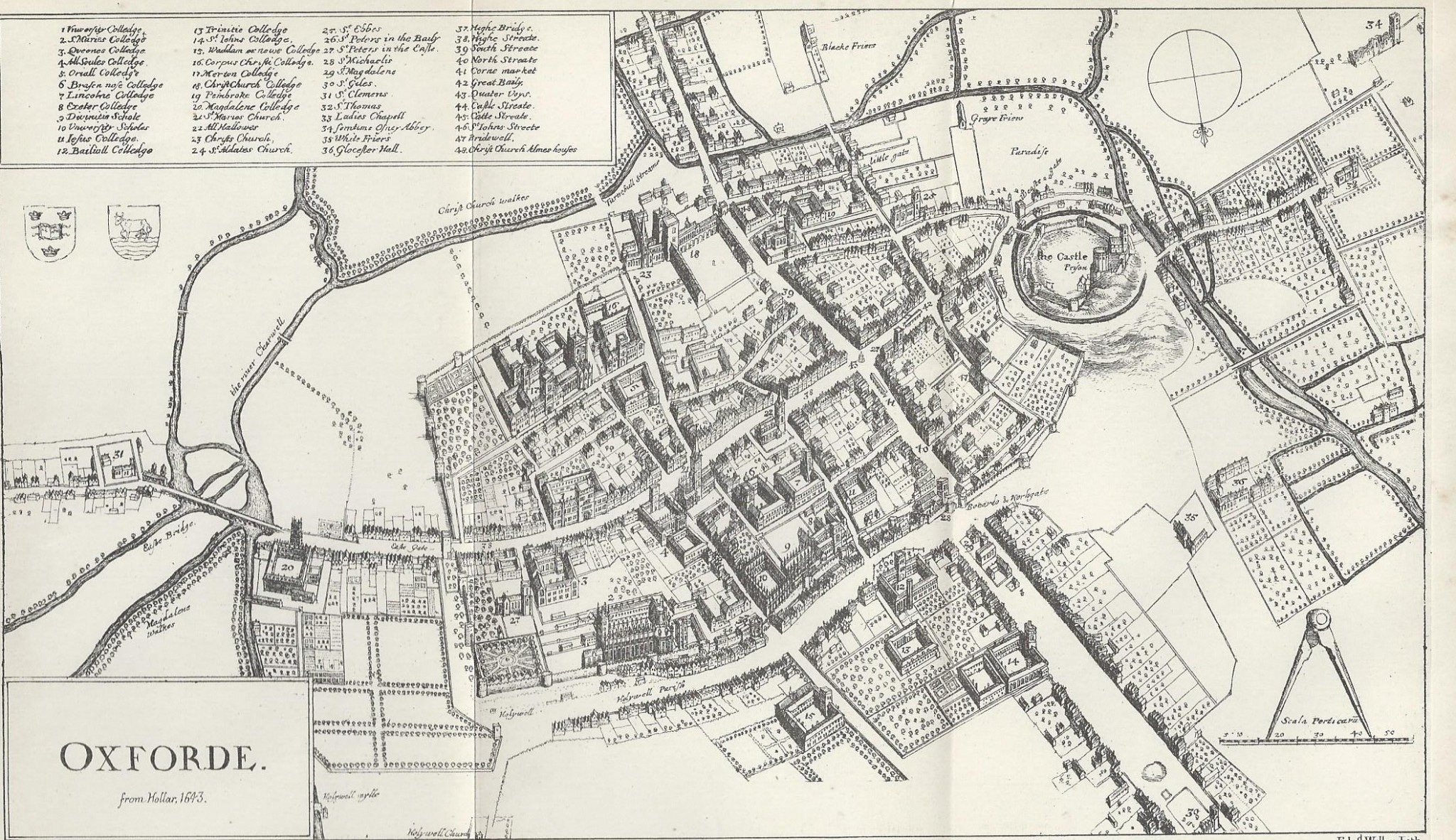 Old map of Oxford University and town dated 1643 17th Century